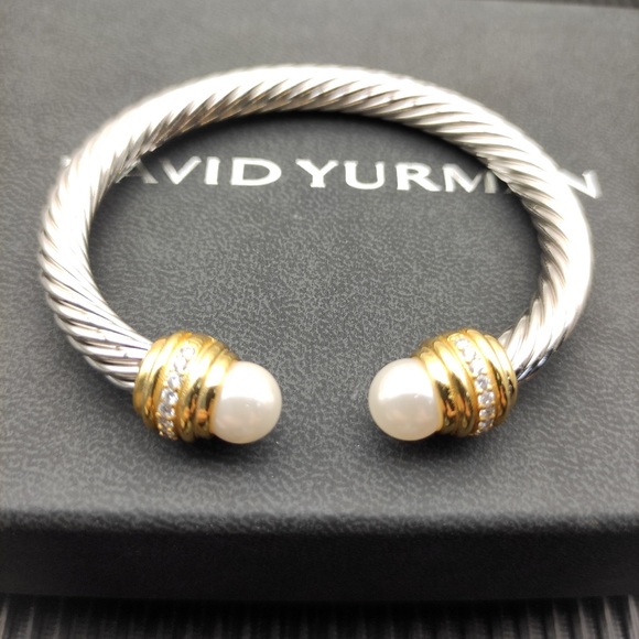 David Yurman Silver and Gold Cable Bracelet with Pearl Accents - Picture 1 of 8